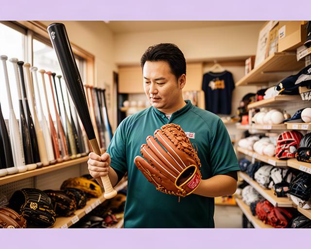 三重県いなべ市の野球用品店でバットやグローブを確認するスタッフと店内の用品棚