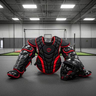 黒と赤のキャッチャー用防具一式を室内練習場に並べた商品写真