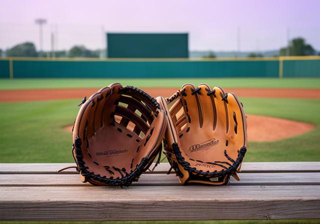 野球場のベンチに並べた投手用グローブと内野手用グローブ