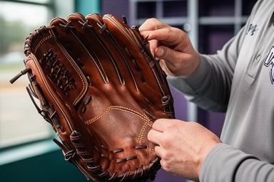 大学野球選手が硬式グローブの縫い目を確認する場面