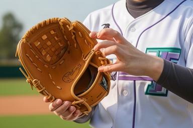 女子野球選手が小振りで軽量なグローブを試す場面
